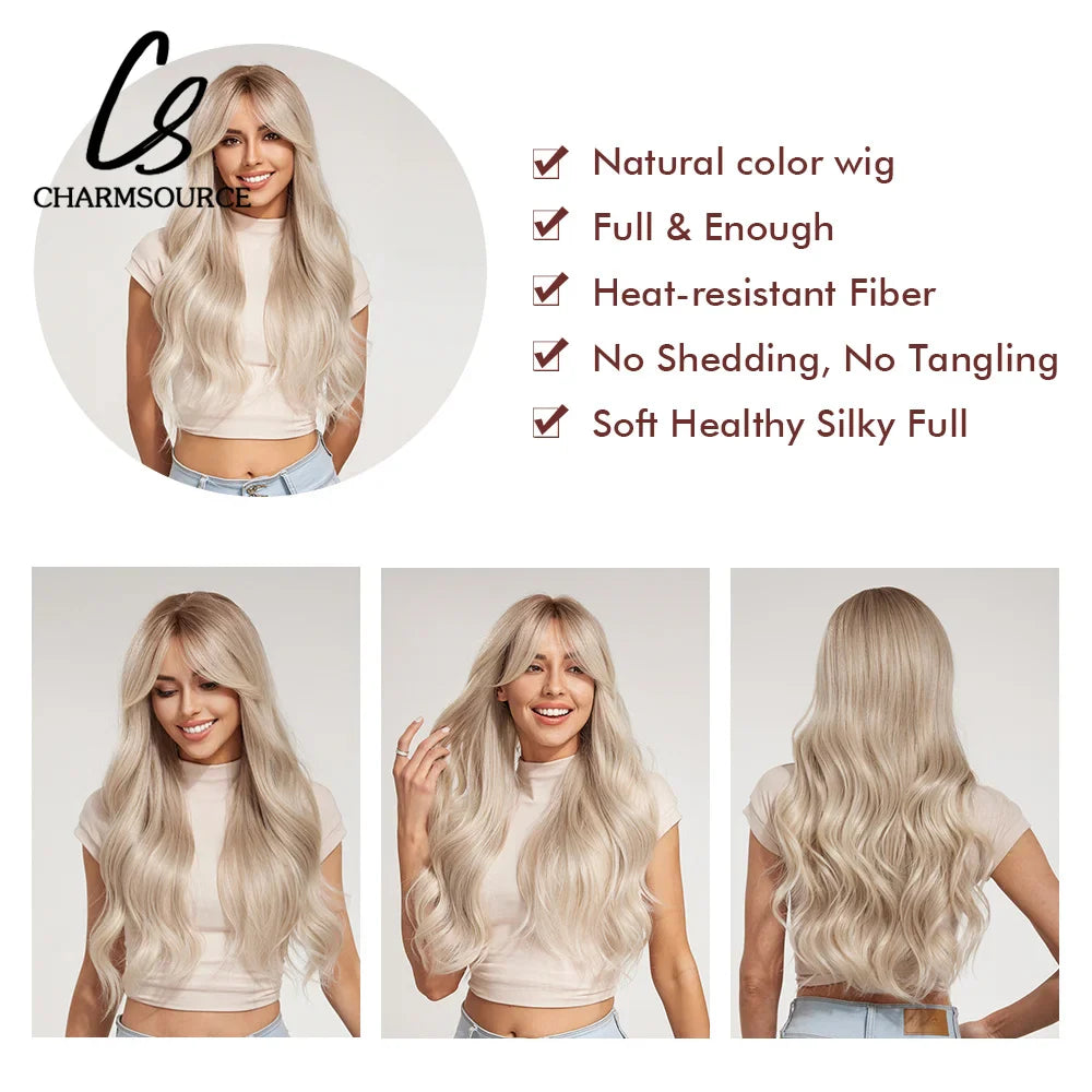 CharmSource Blonde Wavy Wig with Bangs Party Dresses for Women Natural Synthetic Hair Daily Cosplay Heat Resistant Fiber Wig