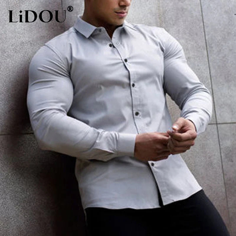 Spring Autumn Super Slim Fit Plain Bussiness Long Sleeve Men's Shirts Anti-wrinkle Muscle Polo Neck Solid Business Blouses Homme