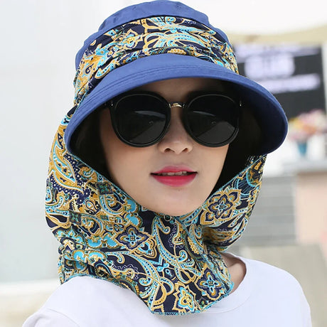 Fashion Women Summer Outdoor Riding Anti-UV Sun Hat Beach Foldable Sunscreen Floral Print Caps Neck Face Wide Brim Hat