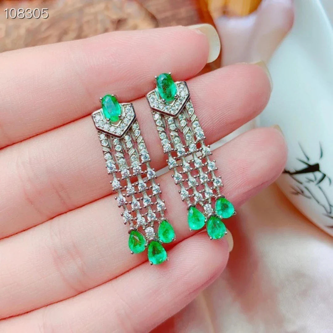 Natural Emerald Jewelry  925 Sterling Silver Created Green Gemstone Dangle Earrings Ring for Women's Gift