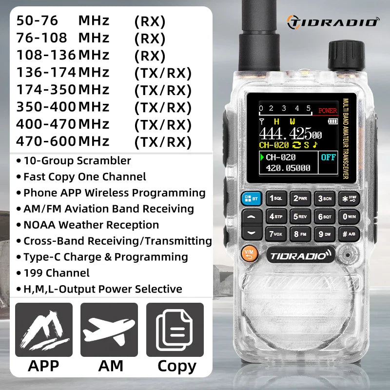 TIDRADIO H3 Walkie Talkie Phone APP Wireless Programming Dual PTT Air Band Long Range Radio USB Type-C Cable Programming &Charge