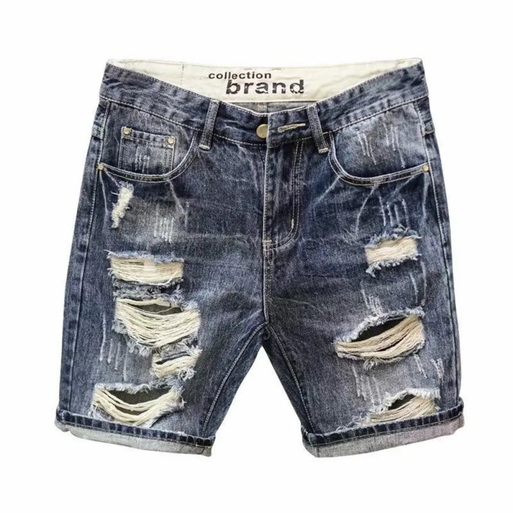 Men's Ripped Denim Shorts Fashionable Summer Slim Shorts Pants with Distressed Ripped Design Holes Korean Style Short Jeans Male