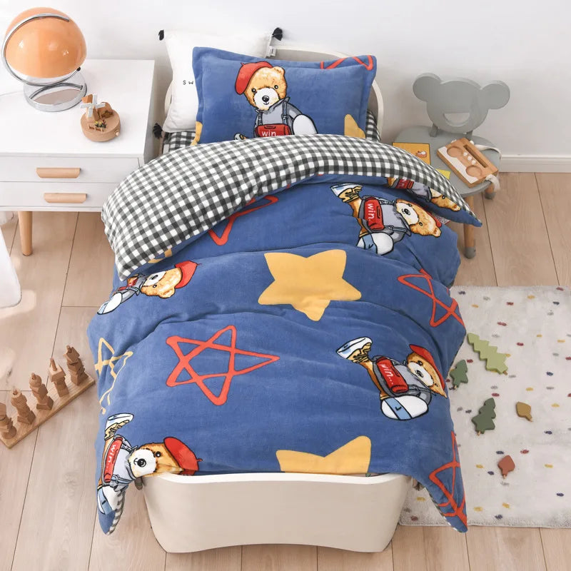 Baby Cartoon Print Bedding Set Duvet Covers Pillowcases Set Autumn Winter Warm Suede Bedclothes Bed Linen CP29
