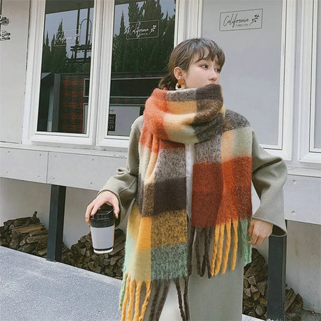 Winter Women Plaid Scarf Winter AC Pamanhmina Shawls Cashmere Thick Wraps Lady Tassel Warm Scarves Rainbow Hairy Bufanda Man