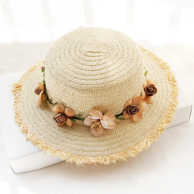 Simple Parent-child Summer New Women's Sun Hat Bucket cap beige lace Bowknot Flowers Ribbon Flat top Straw Hat Beach Caps Panama