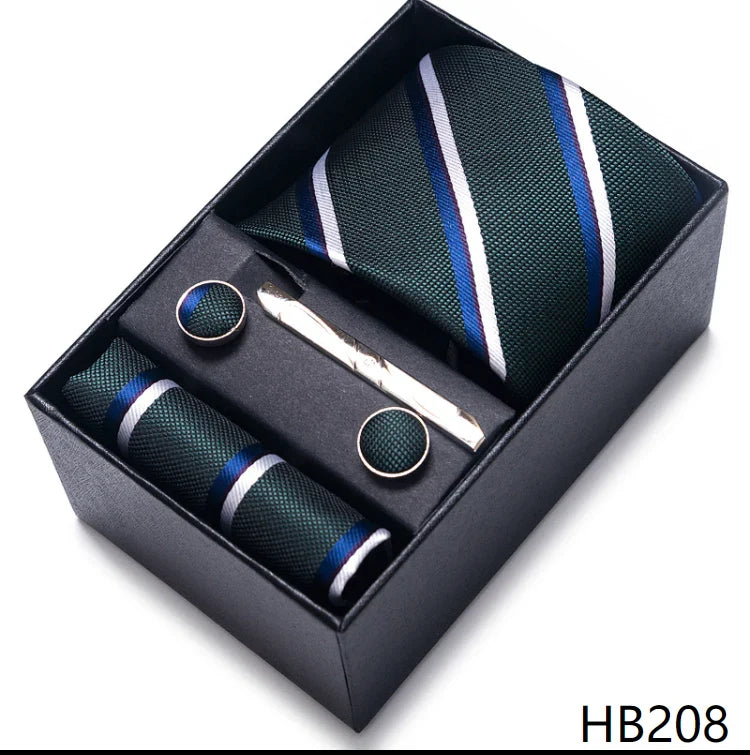 Luxurious Dropshipping 8 cm Birthday Gift Silk Tie Hanky Pocket Squares Cufflink Set Tie Clip Necktie Box Geometric