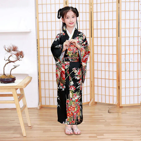 Cute girl, Japanese ethnic style kimono and dance dress, retro printed flower stage show costume