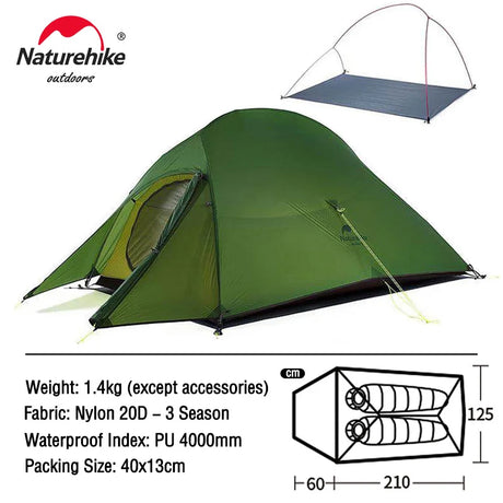 Naturehike Upgraded Cloud Up 2 Ultralight Tent Free Standing 20D Fabric Camping Tents For 2 Person With free Mat NH17T001-T