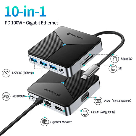 Yottamaster 10in1 USB C Hub Type C to HDMI-compatible Docking Station 2.5G Network Ethernet Port Adapter For Laptop Macbook Pro