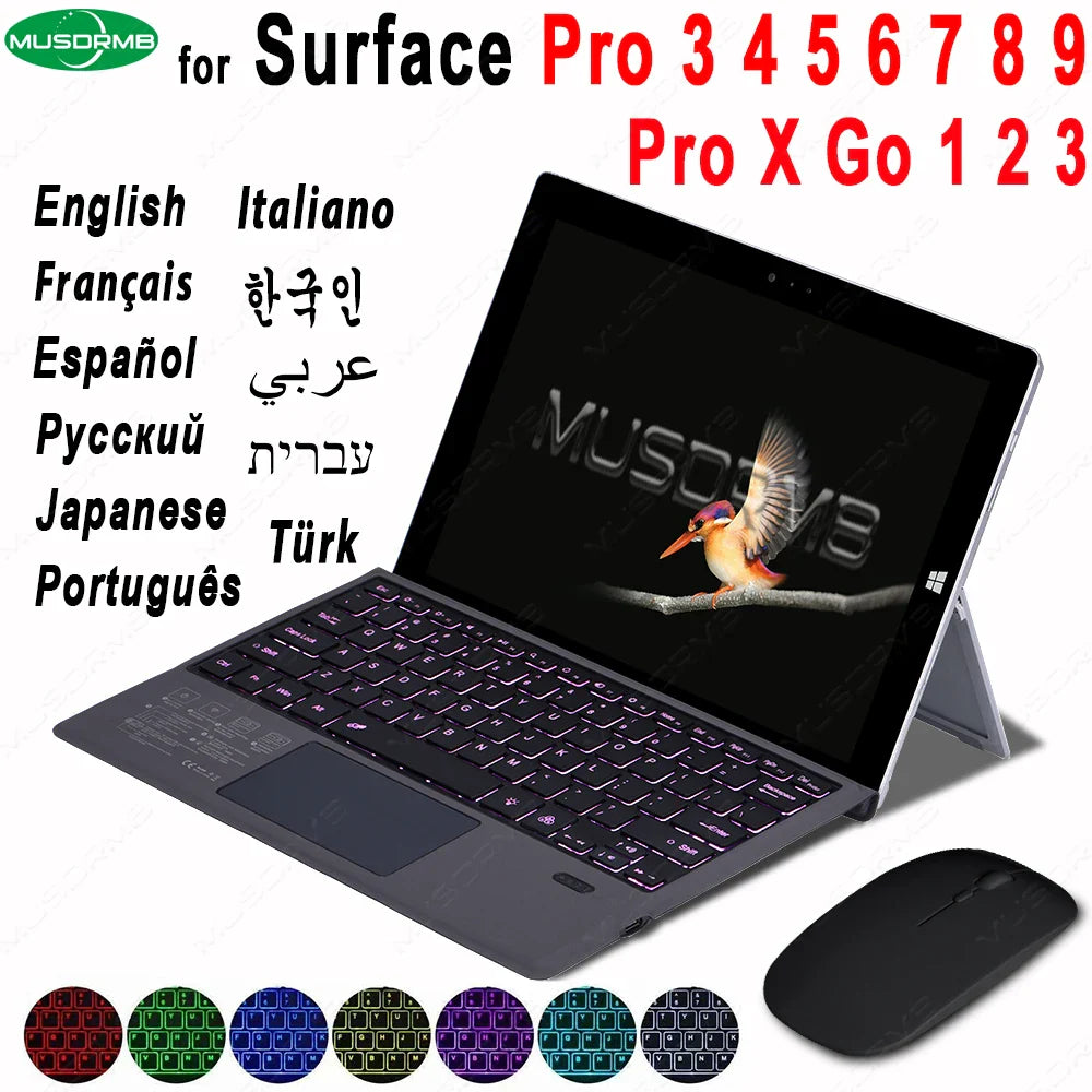 For Microsoft Surface Pro 3 4 5 6 7 8 9 Pro X Go 1 2 3 4 Keyboard Backlit Trackpad Wireless Arabic Russian Spanish Korean AZERTY