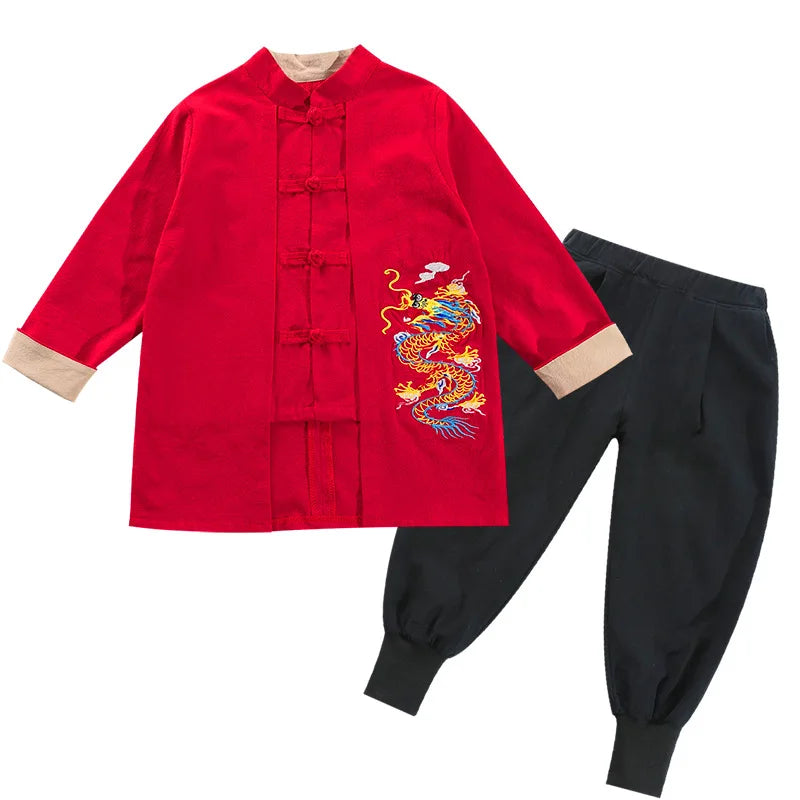 2023NEW Chinese Traditional Hanfu For Kids Boys Long Sleeve Dragon Embroidery New Year Tang Suit Christmas Autumn Cotton Red