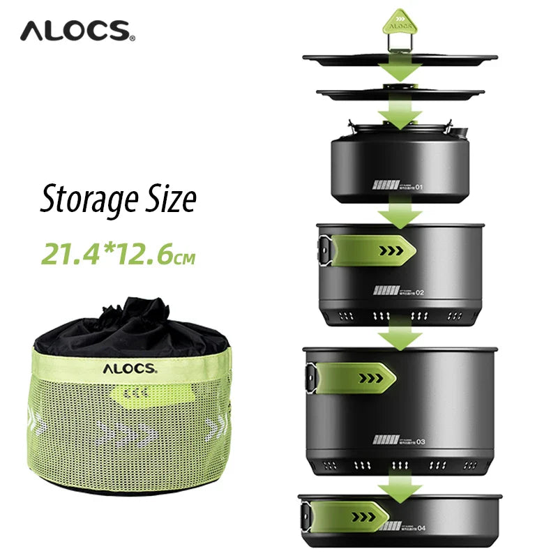 Alocs CW-C65 Camping Cookware Pots Fry Pan Water Kettle Set Compact Mess Kit Gear For Backpacking Travel Picnic Aluminum Alloy