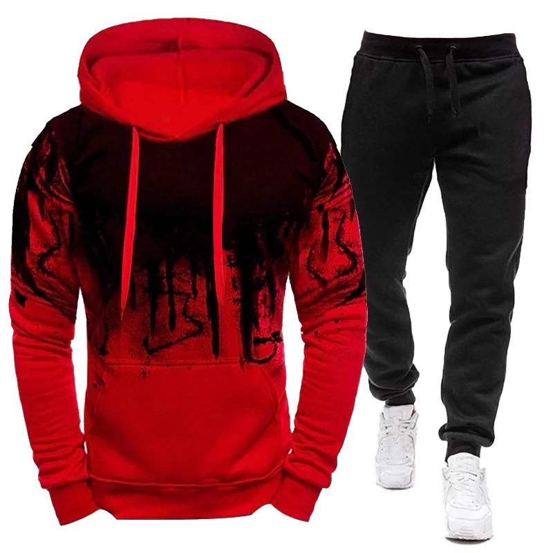 2023 Sportswear Men's casual Hoodie pants 2-piece autumn and winter jogging splash ink long sleeve splash ink sweater suit S-4XL