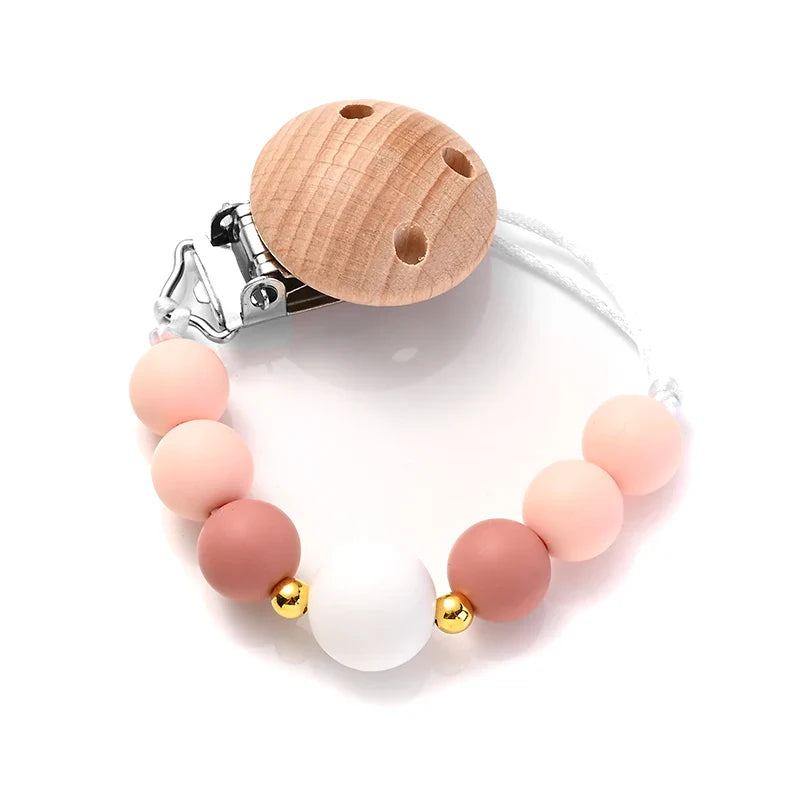 Baby Wooden Pacifier Clips Round Silicone Teether Beads Nipple Chain For Nursing Toys Gift Dummy Holder Chain BPA Free