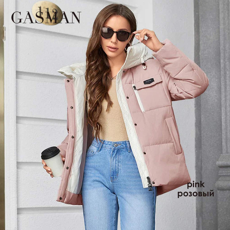 GASMAN Women's Parka 2023 New Fashion Women's Stand Collar Short Slim Casual Hooded Warm Down Jacket 83682