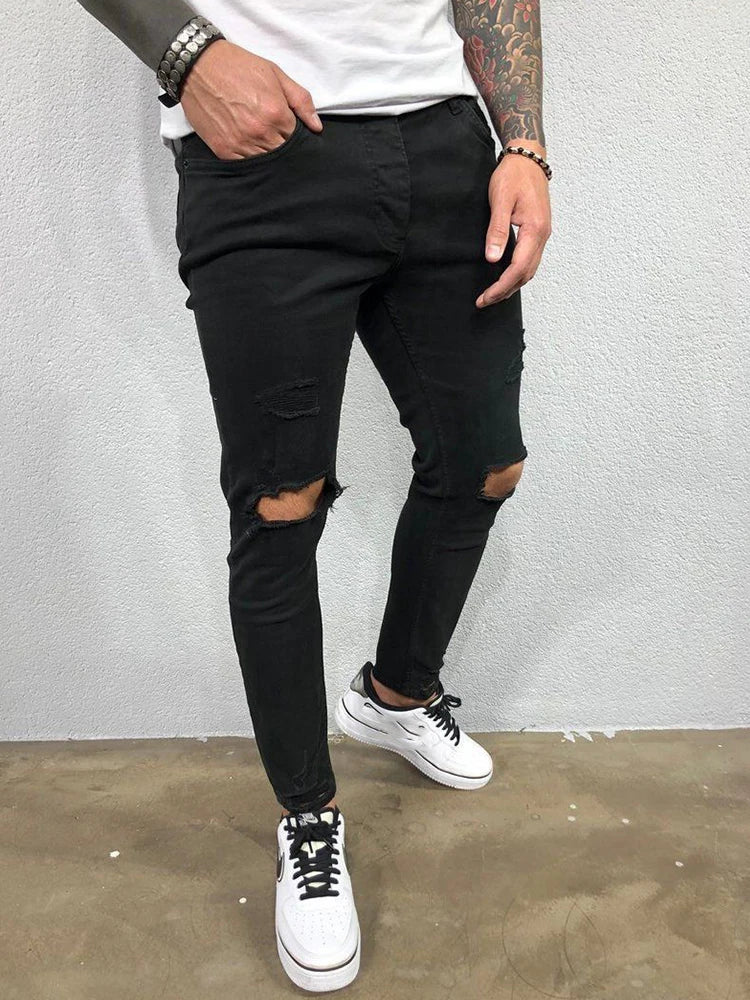 Distressed Knee Holes Elastic Skinny Jeans Men Ripped Biker Denim Pants Solid Washed Streetwear Black Pantalones Hombre Joggers