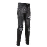 Men Bandanna Paisley Print Patch Jeans Streetweat Patchwork Holes Ripped Biker Pants Skinny Tapered Black Stretch Denim Trousers