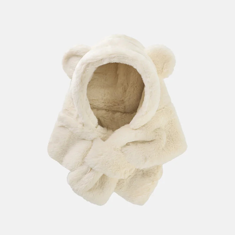 Winter Baby Hat Scarf One-Piece Faux Fur Infant Bonnet Cute Bear Warmer Neck Ears Kids Cap for Girls Boys Accessories