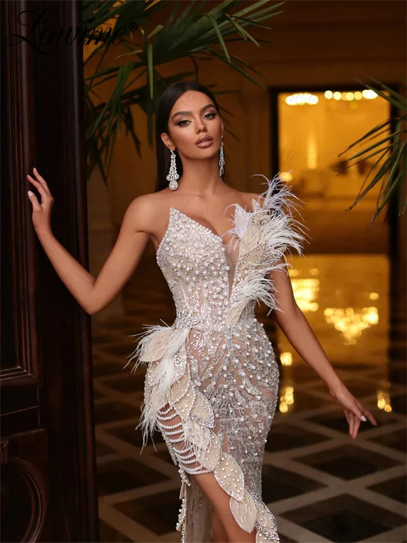 2023 Couture Nude Long Party Dress Arabic Evening Gown Mermaid Feathers Crystals Pearl Dress Pageant Prom Dresses With High Slit