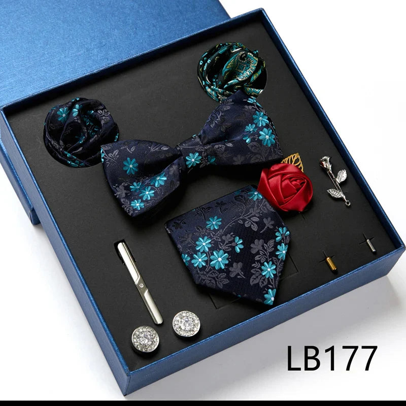 Fashion Men's Tie Gift Box Luxury Brand Necktie Bowtie Pocket Square Brooches Cufflinks Clips Suit For Party Wedding Man Gifts