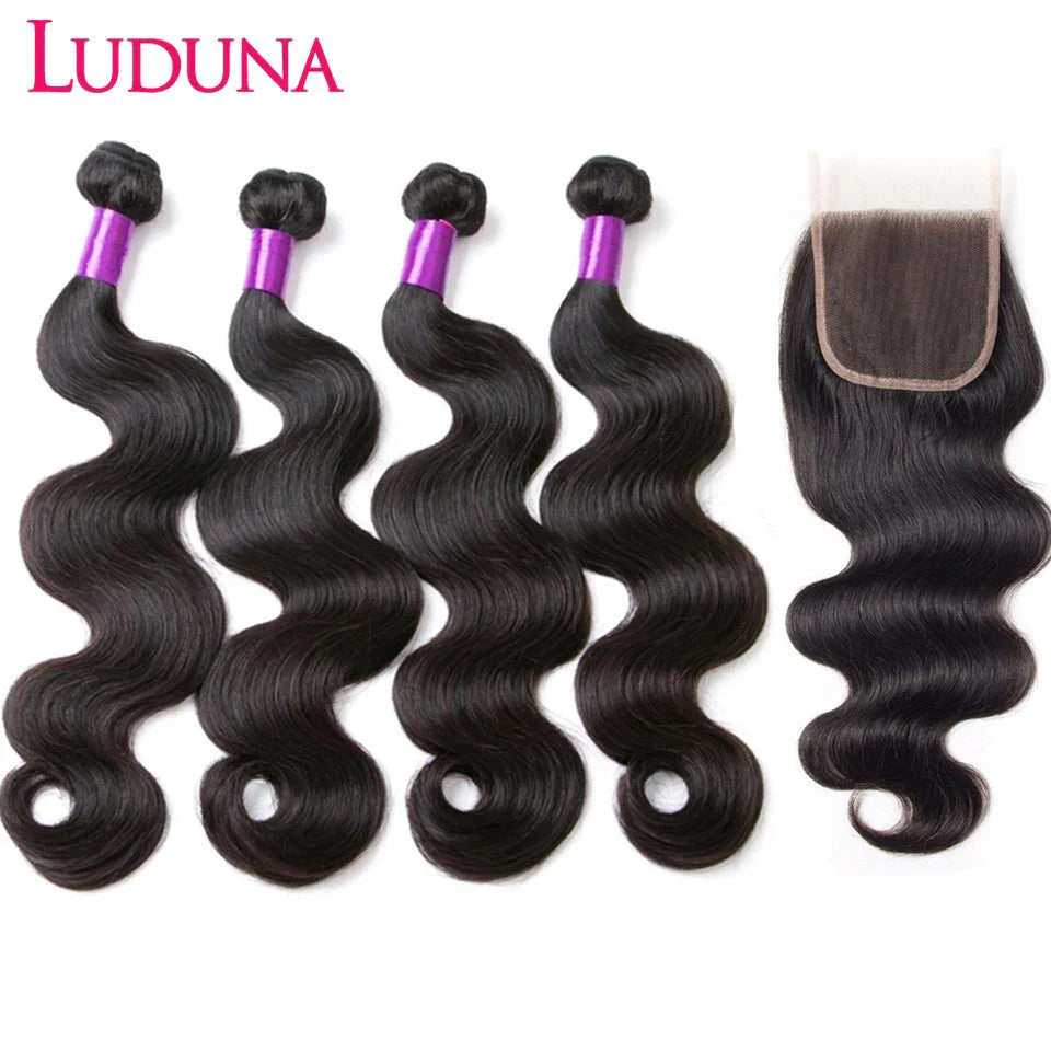 Ludana Body Wave Bundles With Closure Brazilian Bundles Human Hair With Closure  3/4Pcs Human Hair Bundles With 4x4 Lace Closure