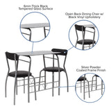 Sutton 3 Piece Space-Saver Bistro Set with Black Glass Top Table and Black Vinyl Padded Chairs Dining Room Sets