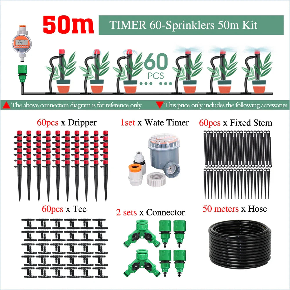 50-5M Garden 13cm Sprinkler Drip Wateing Systems Smart Timer 1/4“ Hose Automatic Irrigation Equipment for Greenhouse Bonsai Yard