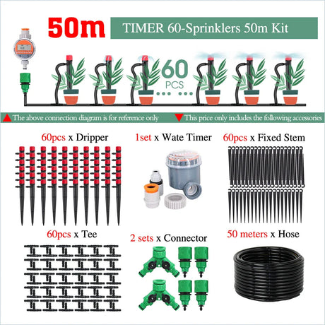 50-5M Garden 13cm Sprinkler Drip Wateing Systems Smart Timer 1/4“ Hose Automatic Irrigation Equipment for Greenhouse Bonsai Yard