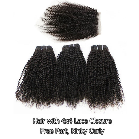 Afro Kinky Curly Bundles With Closure Transparent 4x4 Lace Free Part Natural Black Remy Human Hair Weave 10-30 inch BOBBI