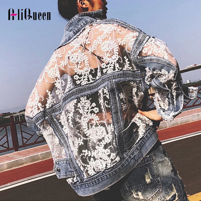 Chaquetas Mujer Summer Streetwear Embroidery Lace Patchwork Sexy Denim Jacket Women Frayed Tassel Loose Korea Blue Jean Coat 3XL