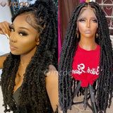 Synthetic Full Lace Cornrow Box Braids Wig 40 Inch Butterfly Faux Locs Crochet Goddess Braids Pre Looped Distressed Twist Hair