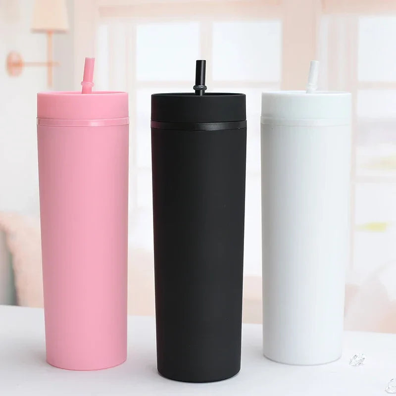 Plastic Straw Cup Double-Layer Water Bottles Coffee Cup Reusable Hard Plastic Tumbler With Lid Drinkware  Gift