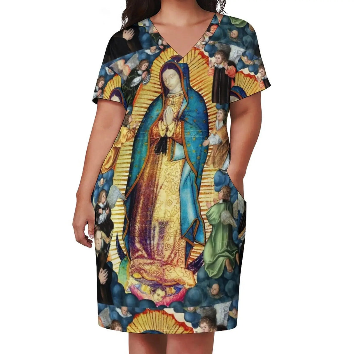 Virgin Mary Catholic Dress Short Sleeve Our Lady of Guadalupe Street Style Dresses Holiday Kawaii Casual Dress Plus Size Clothes