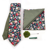 Two Side Floral Plaid Cotton Patchwork Tie Set Brooch Pin Clip Hankie Cufflink Ties Men Party Daily Shirt Cravat Gift Accessory