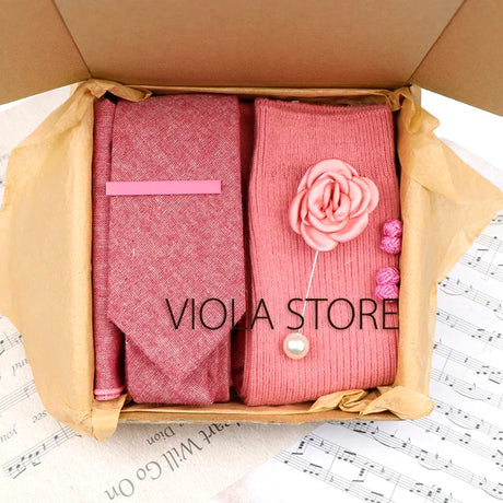 Viola Design 5PCS Gift Box Solid Cotton Sock Tie Sets Clip Pin Cufflinks Hanky Colorful Men Wedding Party Daily Cravat Accessory