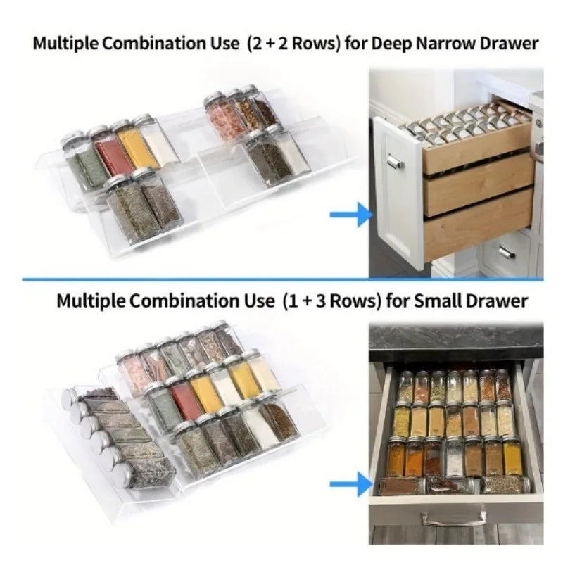 Acrylic 4 Tier Spice Drawer Organizer Rack Seasoning Jars Drawer Insert Storage Tray Expandable Kitchen Cabinets Organizer Rack