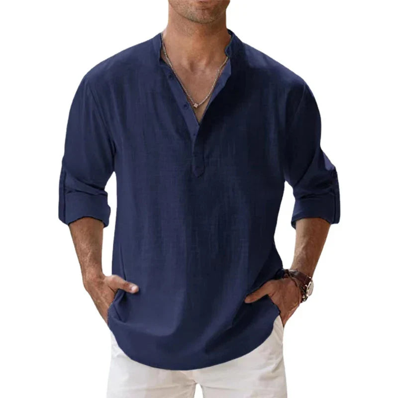 New Men's Cotton T Shirts Linen Casual Long Sleeve Button Down Shirt Loose Collar Solid Color Tops S-5XL