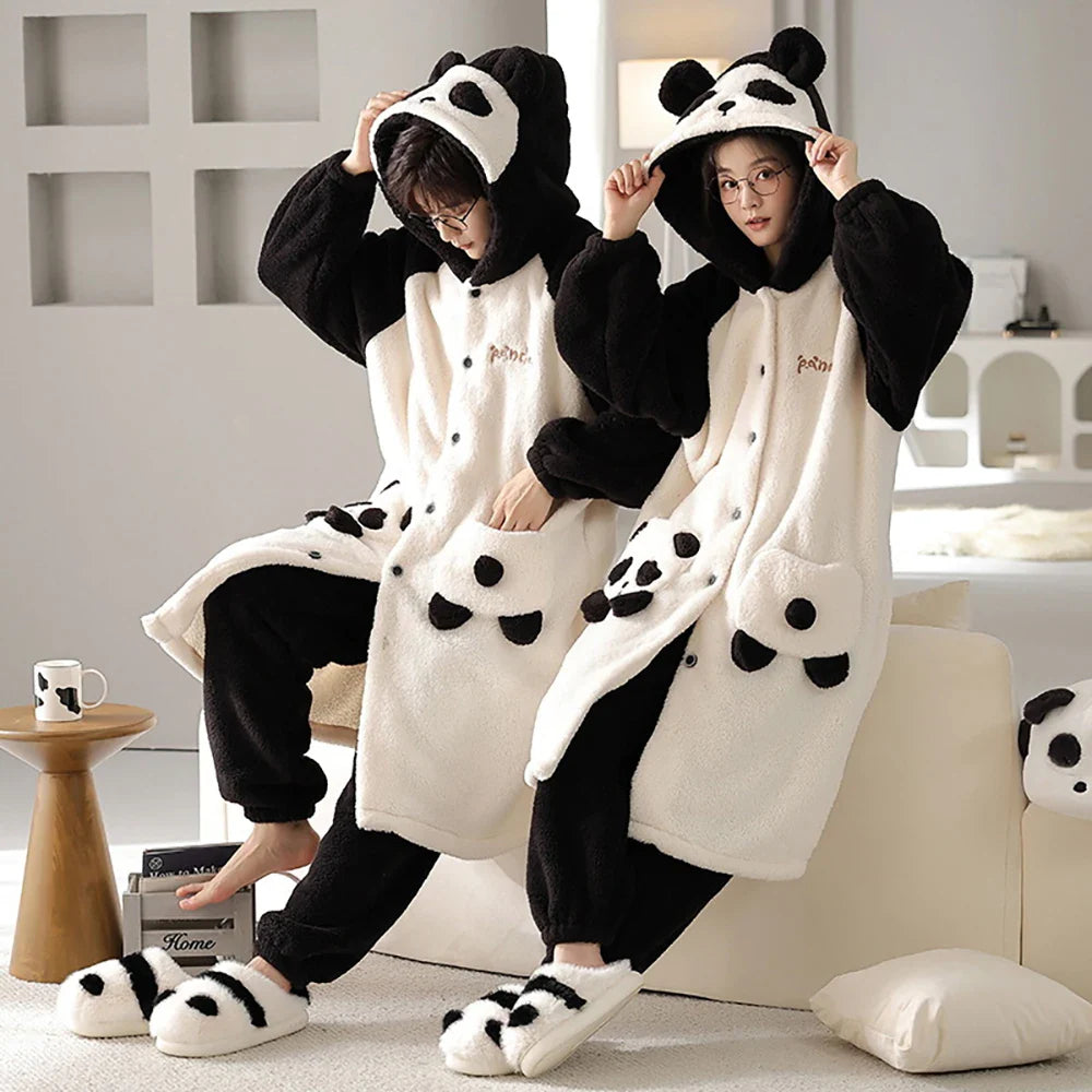 2PCS Hooded Sleepwear Thicken Warm Plush Flannel Robe Set Winter Pajamas for Couples Soft Pajama Man Cartoon Sleeping Bathrobe