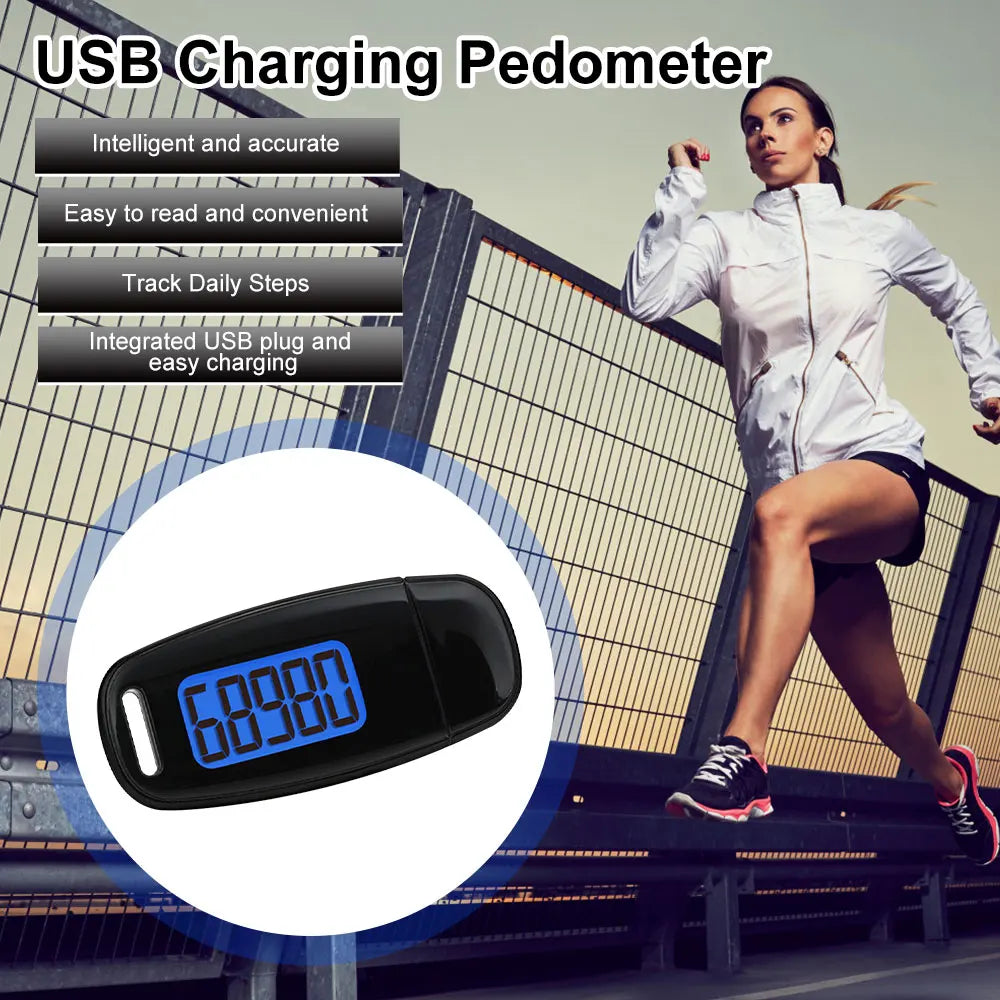 3D Digital Pedometer Mini Simple Walking Step Counter USB Rechargeable Digital Pedometer for Sports Fitness Camping Hiking