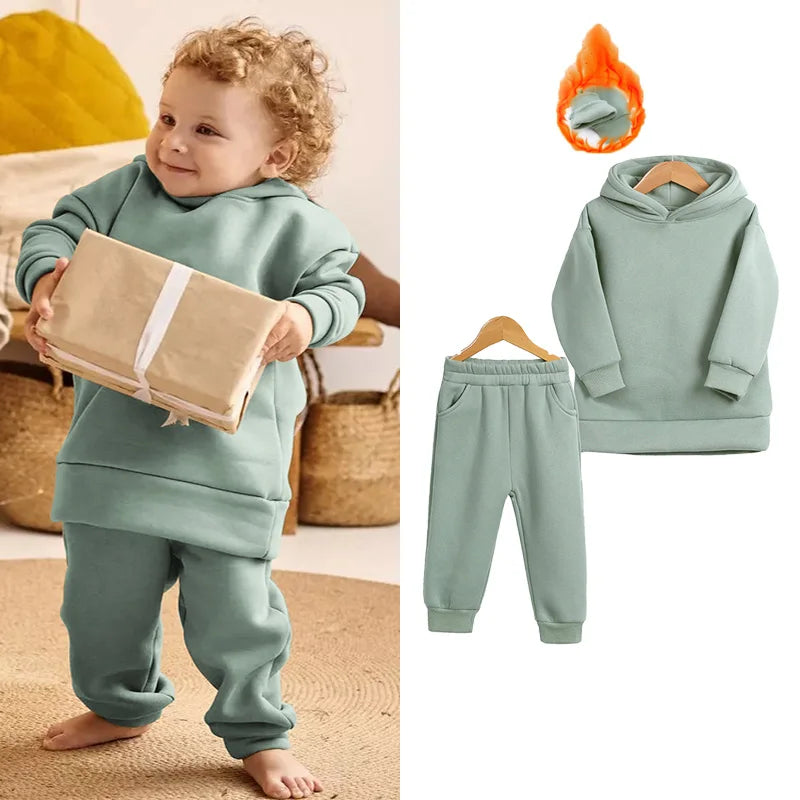 2023 New Arrivals Little Girls Clothing Tracksuit 2 Pieces Set Warm Fleece Plain Top Sweatshirt+Pants Loungewear Suit For Kids