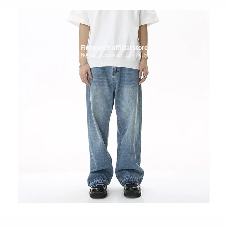 Firmranch New 2023 Men/Women Retro Blue Baggy Jeans Straight 90s Mopping Brushed Denim Wide Pants Loose Trousers Free Shipping