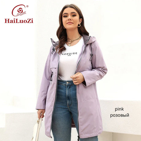 HaiLuoZi 2022 Women's Trench Coat Plus Size Jacket for Women spring Short Parka Hooded Casual Windbreaker Pockets Outwear 2202