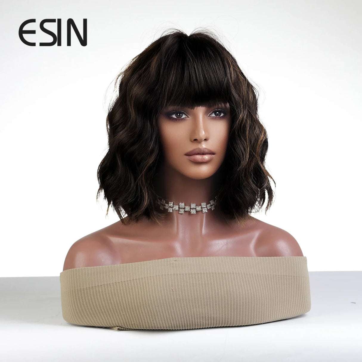 ESIN Synthetic Black Brown Medium Long Loose Body Wave Wig with Bangs Cosplay Daily Natural Wigs for Women Heat-resistant Hair