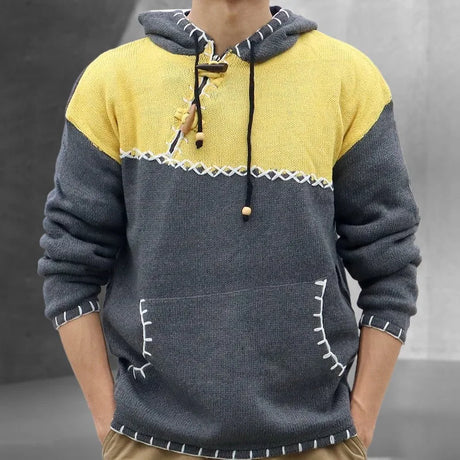 Winter Clothing Men's Patchwork Knitted Hooded Pullover Sweater Long Sleeve Hoodie with Pocket Premium Vintage Luxury Knitwear