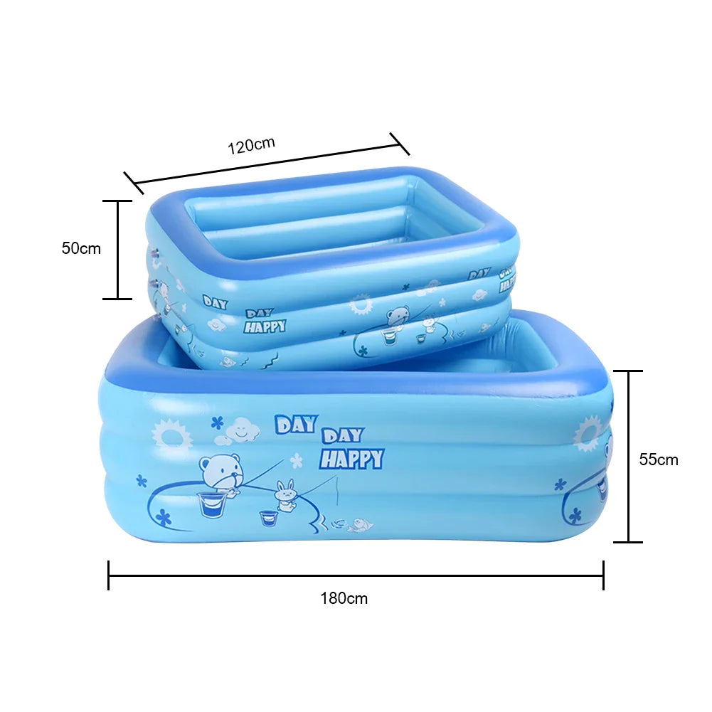 Inflatable Baby Swimming Pool Portable Rectangle Summer Water Fun Bathtub Toddler Water Game Play Center 3 Rings Cartoon Printed