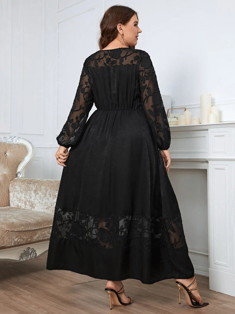 Plus Size Lace Women Dress See Through Long Sleeves Robe Scroop Neck Solid Color Dress Autumn Female Elegant Clothing Gown