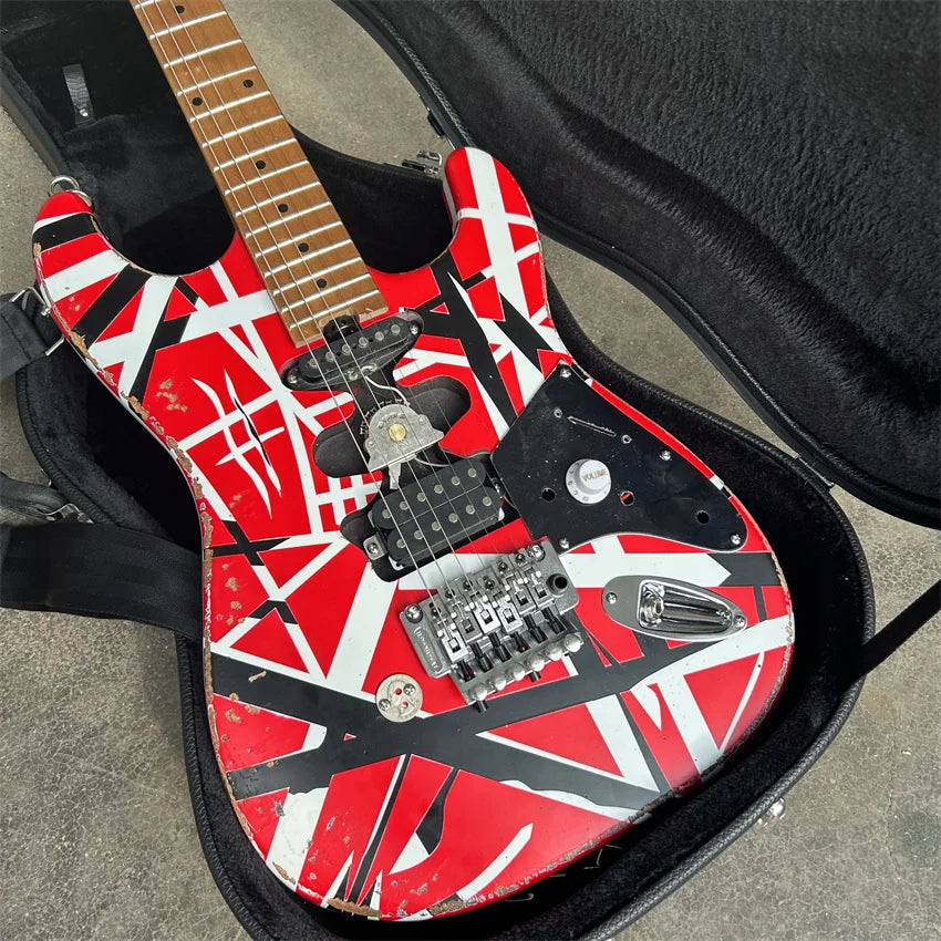 STOCK Edward Eddie Van Halen Heavy Relic Red Franken Electric Guitar Black White Stripes Tremolo Bridge Slanted Pickup