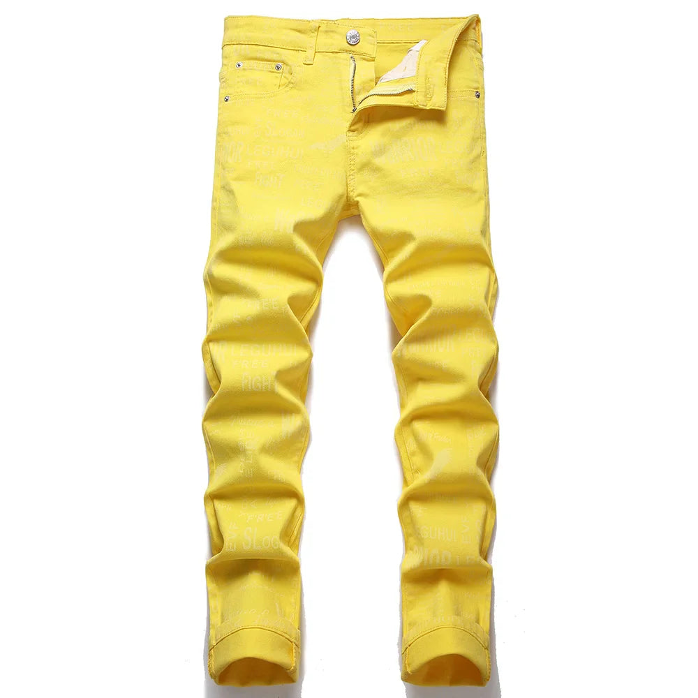 Men Letters Eagle Print Stretch Denim Jeans Y2K Streetwear Skinny Tapered Pants Yellow Trousers