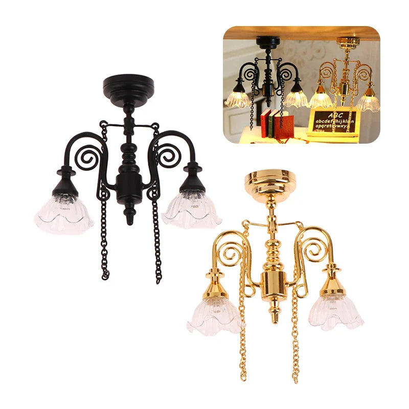 1:12 Dollhouse Miniature LED Lamp Ceiling Lamp Chandelier Droplight Lighting Home Furniture Model Doll House Decor Toy