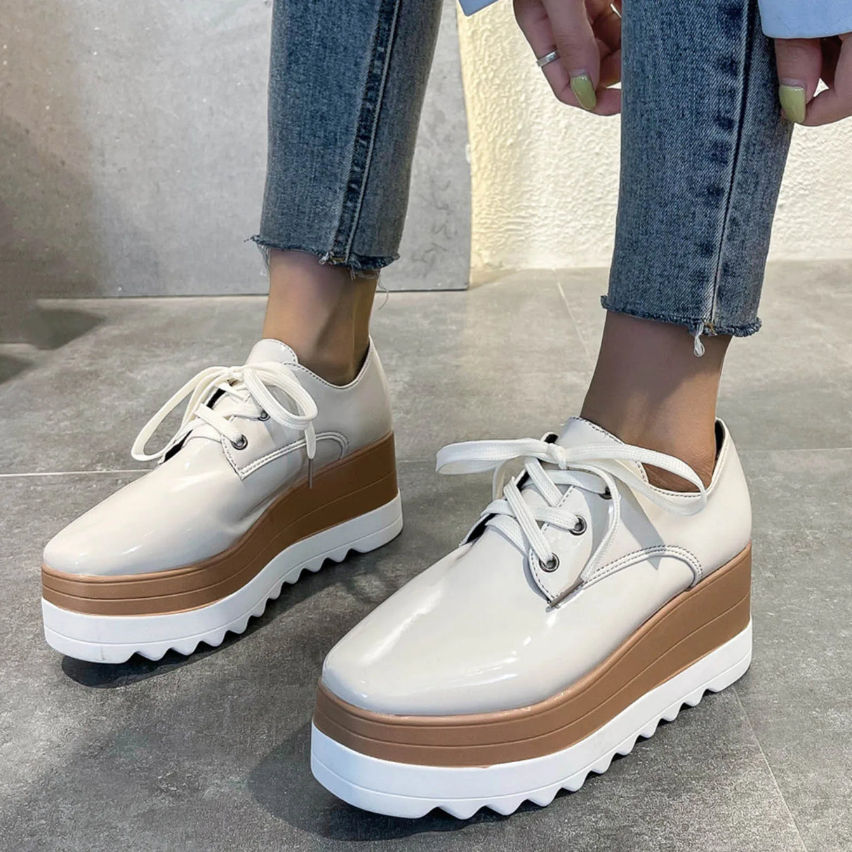 Platform Shoes Woman Bright Leather Solid Square Toe Strap Platform Casual Shoes Female Sneakers Free Shipping Zapatos